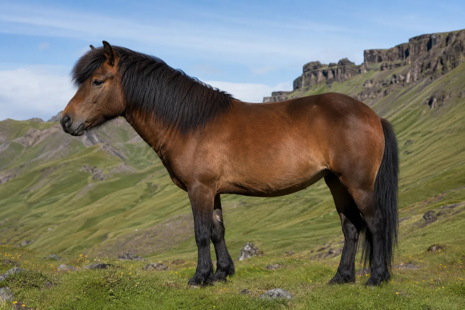 Cavallo Islandese baio a figura intera, di profilo, in un paesaggio islandese verdeggiante