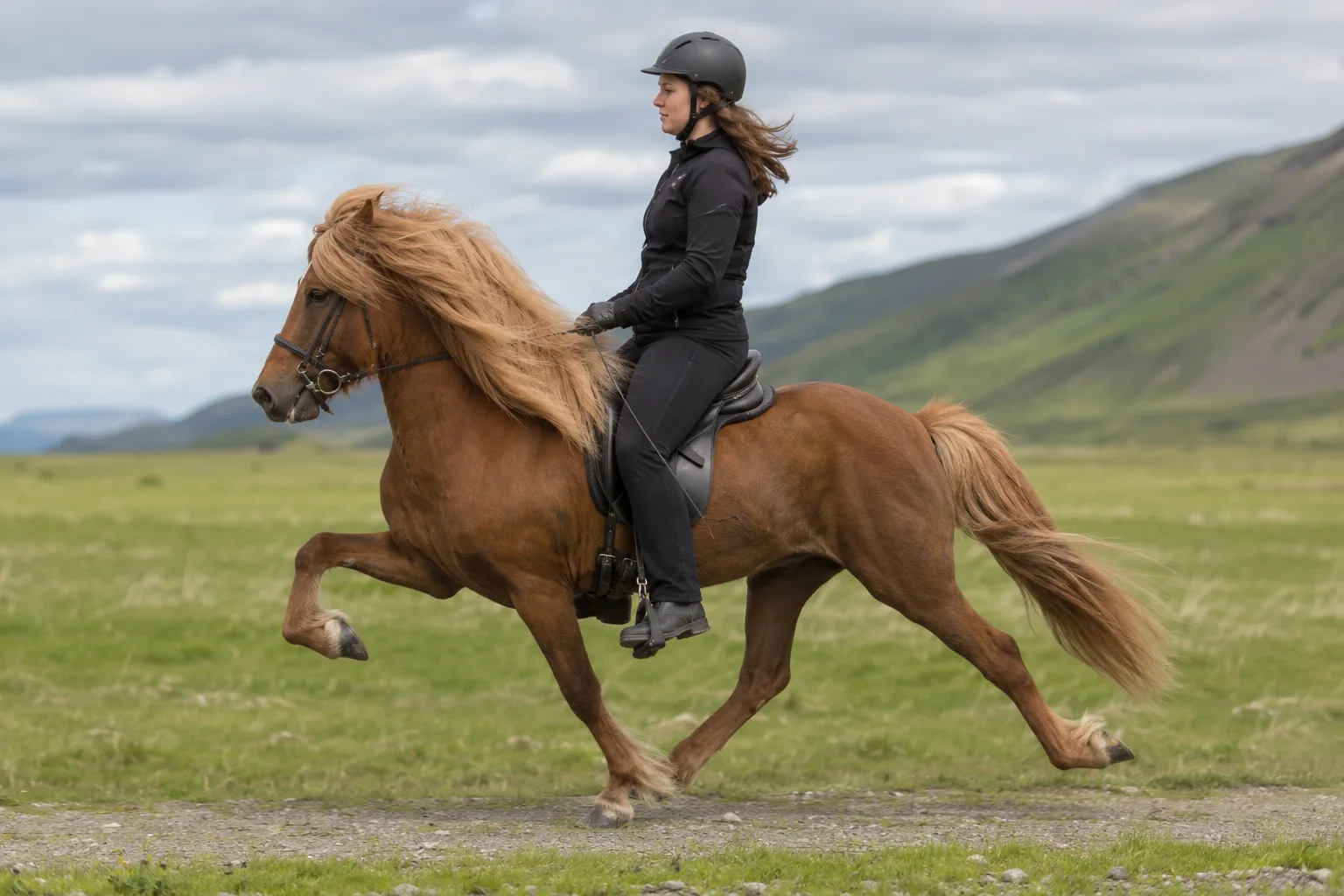 Cavallo Islandese in azione al tölt con un cavaliere, movimento dinamico