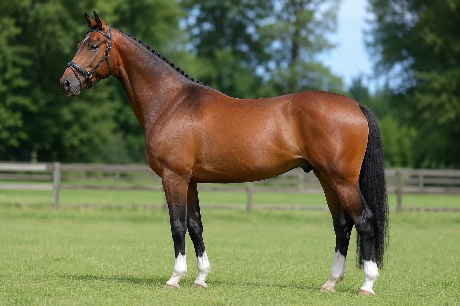 Caballo KWPN / Warmblood bayo, de perfil, de pie en un prado verde, mostrando su silueta atlética y elegante.
