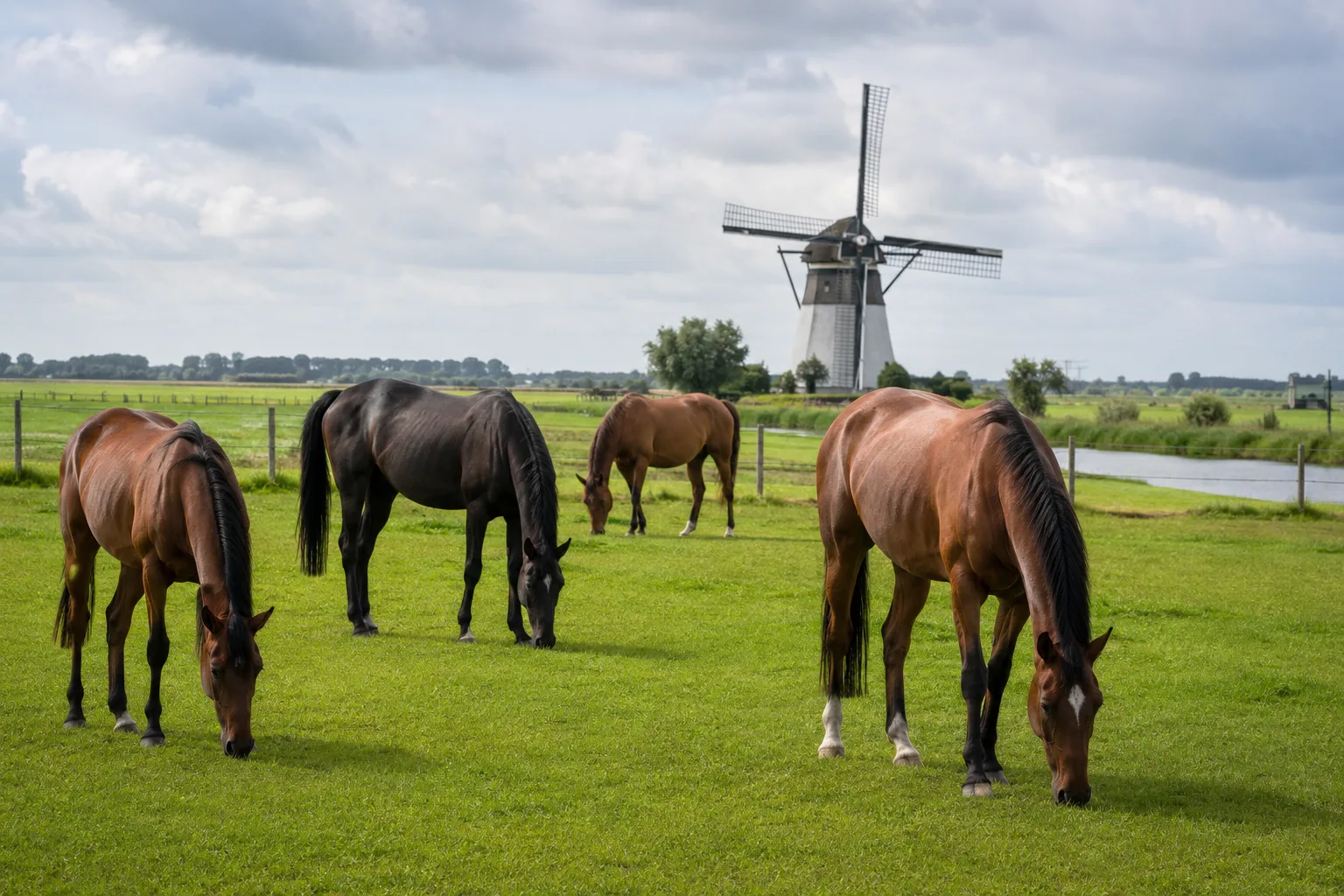 Varios caballos KWPN / Warmblood pastando en un paisaje de pólderes neerlandeses.