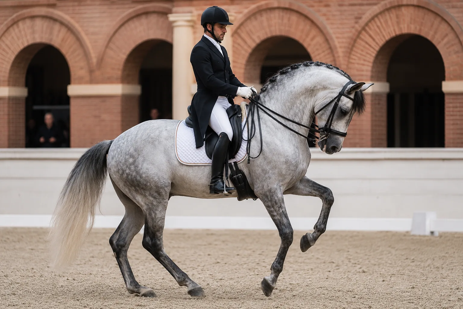 Grauer Lusitano in voller Aktion, eine Piaffe oder einen versammelten Galopp in der klassischen Dressur ausführend, seine Agilität zeigend.