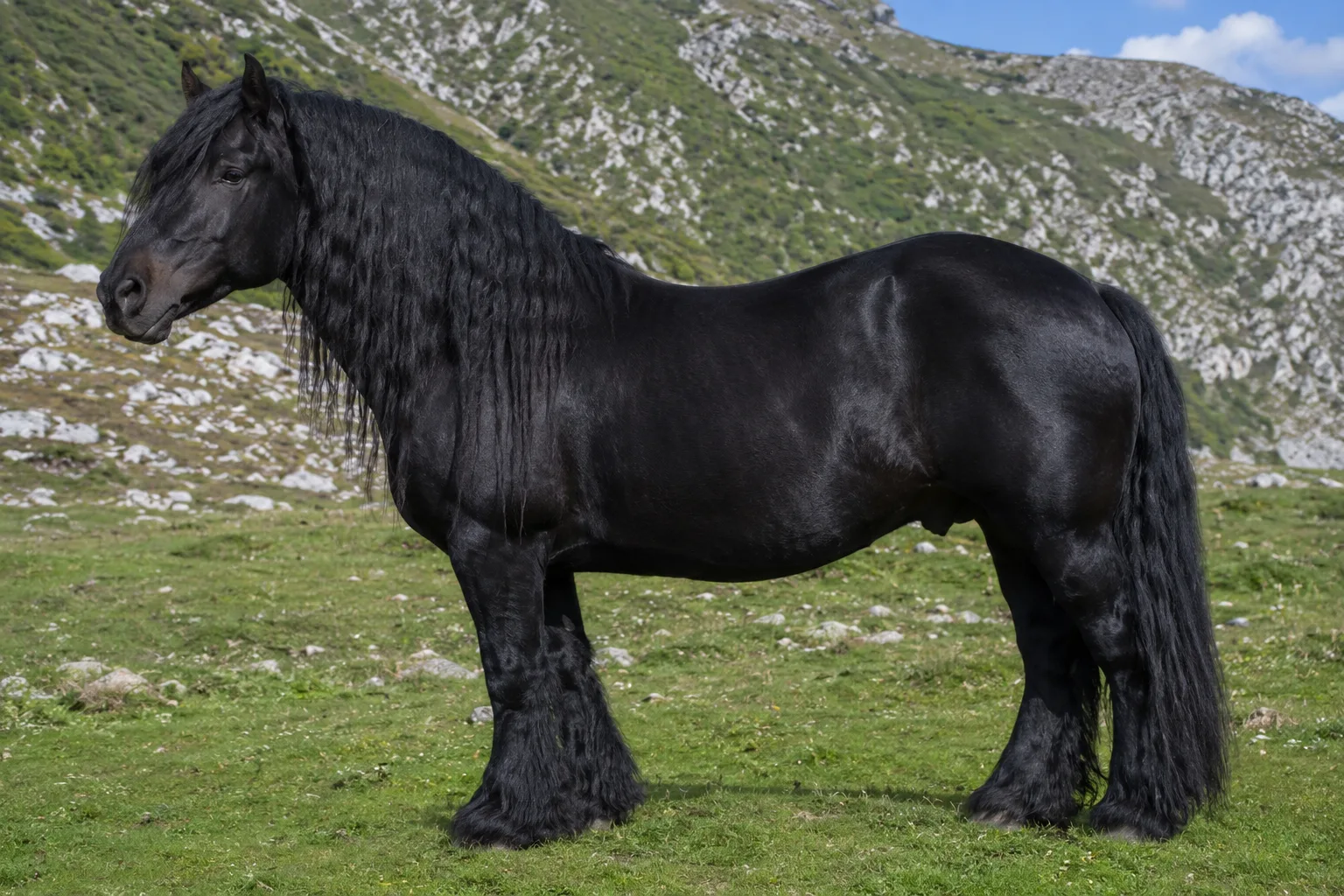 Cavallo Mérens nero zaino intero, di profilo, in un pascolo di montagna dei Pirenei
