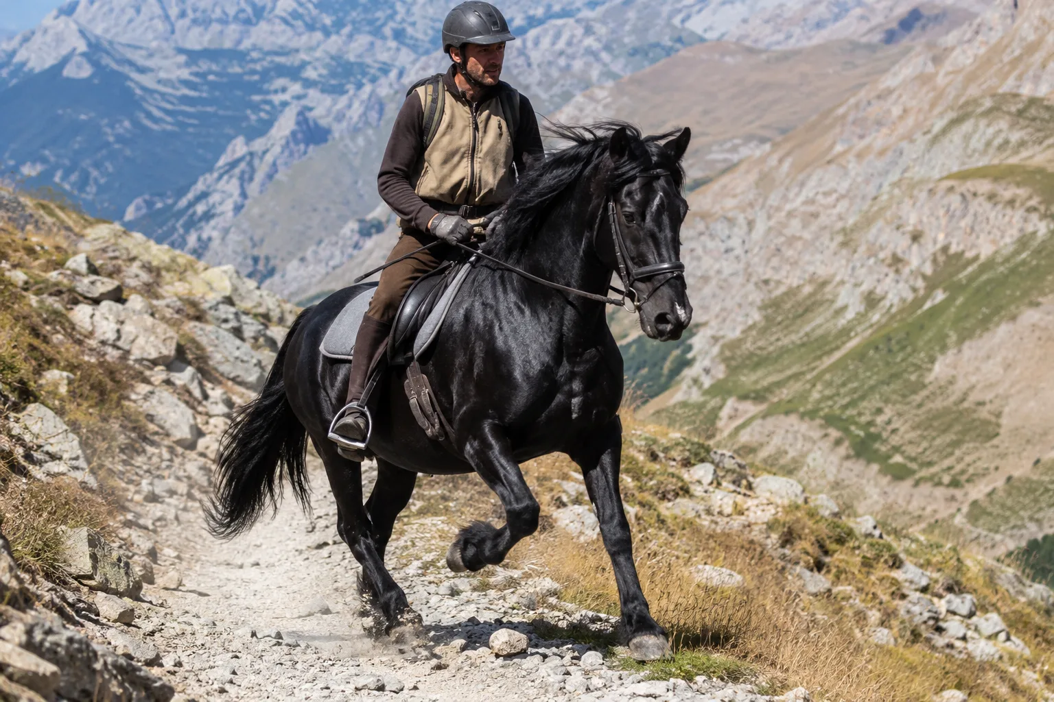 Cavallo Mérens in azione, al trotto su un sentiero di montagna con un cavaliere