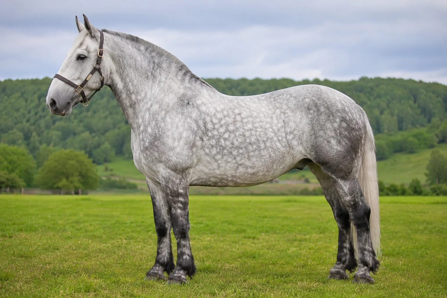 Caballo Percherón gris tordo, de perfil, de pie en un prado verde bajo un cielo despejado.