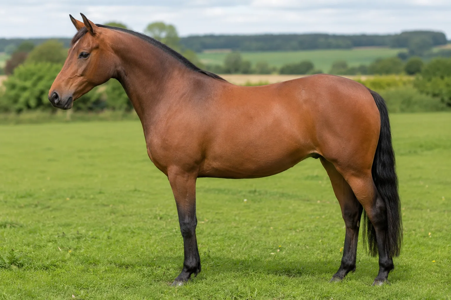Pony Welsh Sezione B baio, elegante e atletico, di profilo in un prato verdeggiante