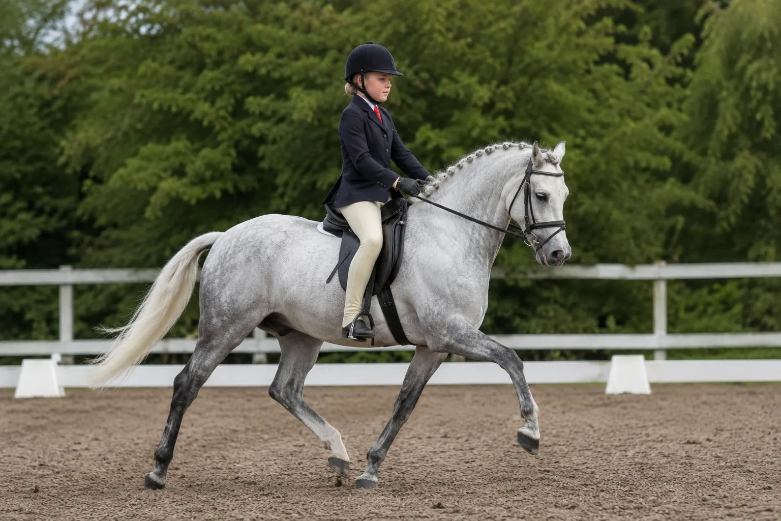 Pony Welsh in pieno trotto rialzato con un cavaliere, in azione su un campo di dressage