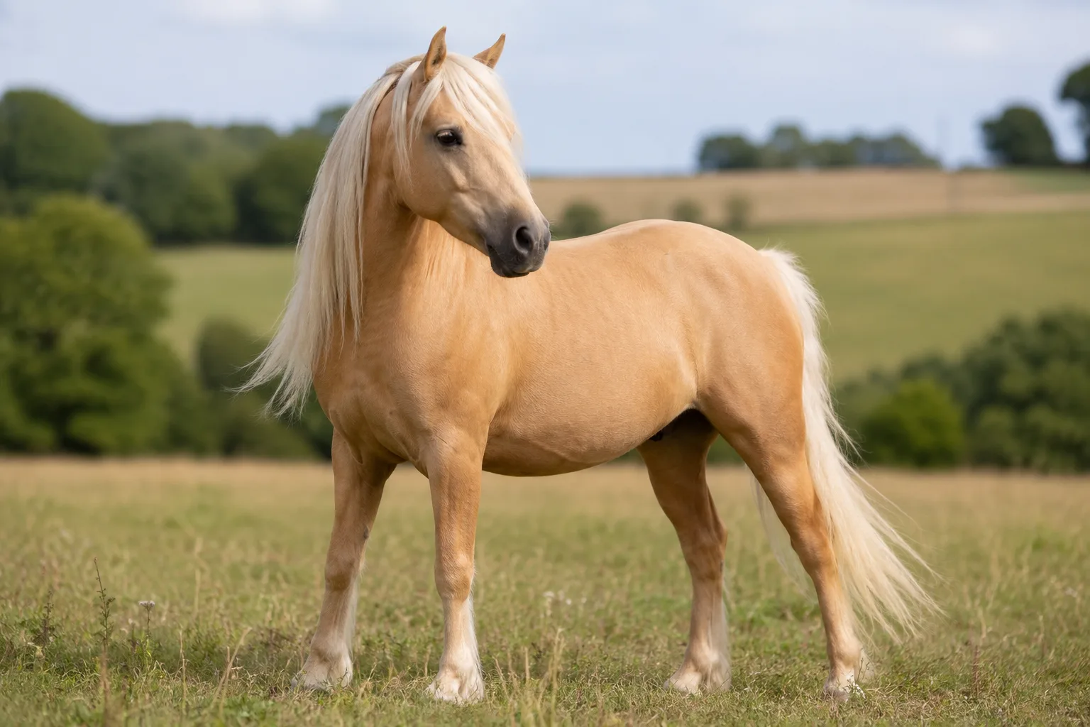 Pony Welsh dal mantello palomino, con criniera e coda chiare, in un campo