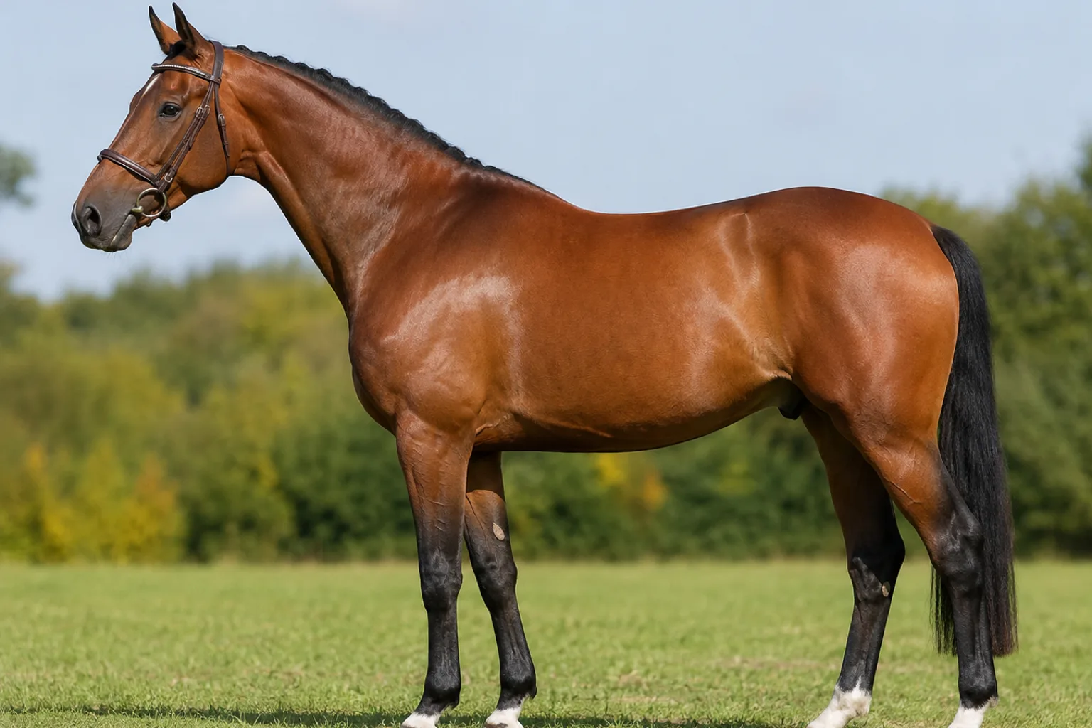 Caballo Selle Français castaño, de perfil, de pie en un prado verde, mostrando su silueta atlética y elegante.