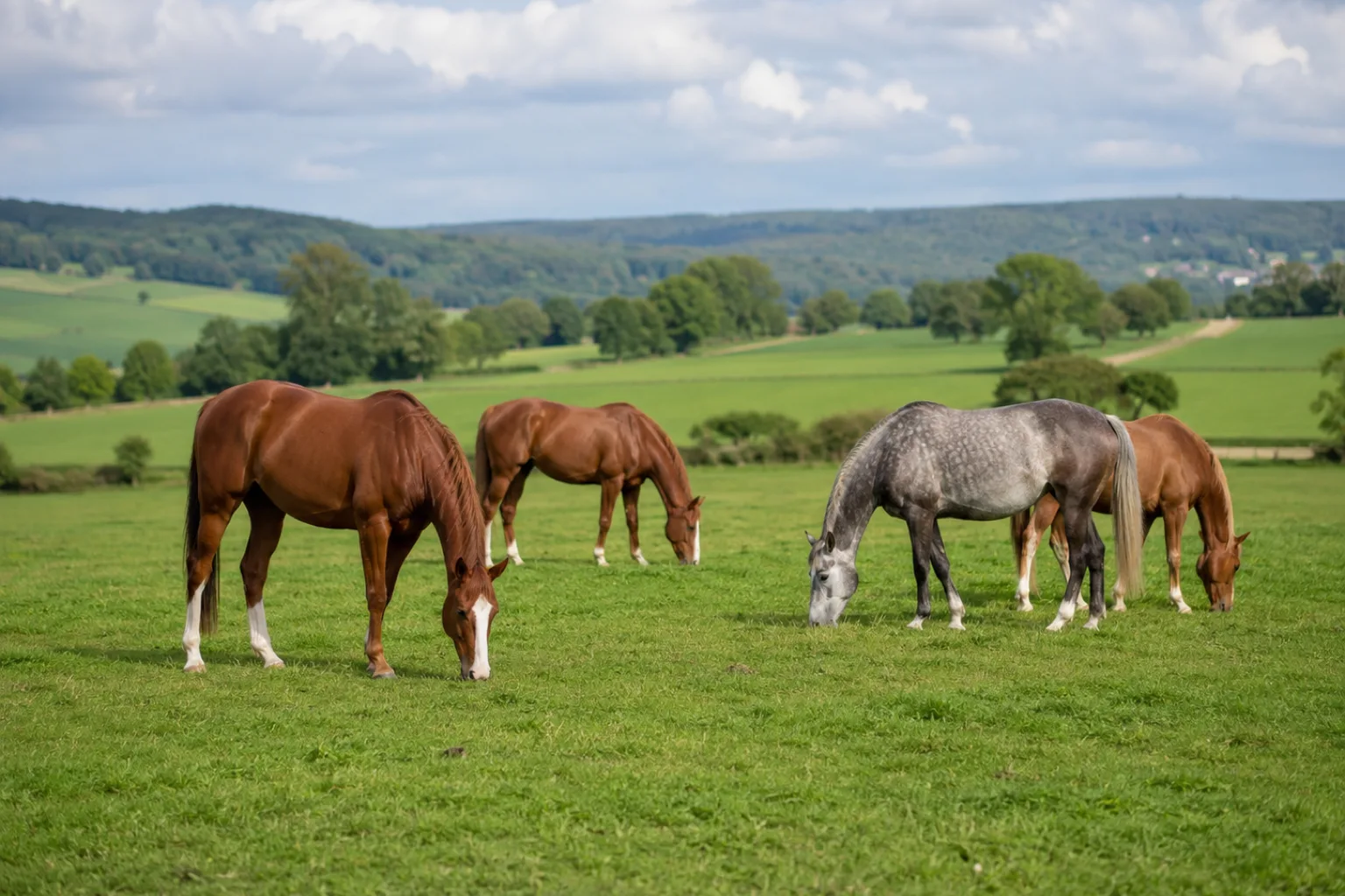 Varios caballos Selle Français pastando en un gran prado verde, ambiente natural.