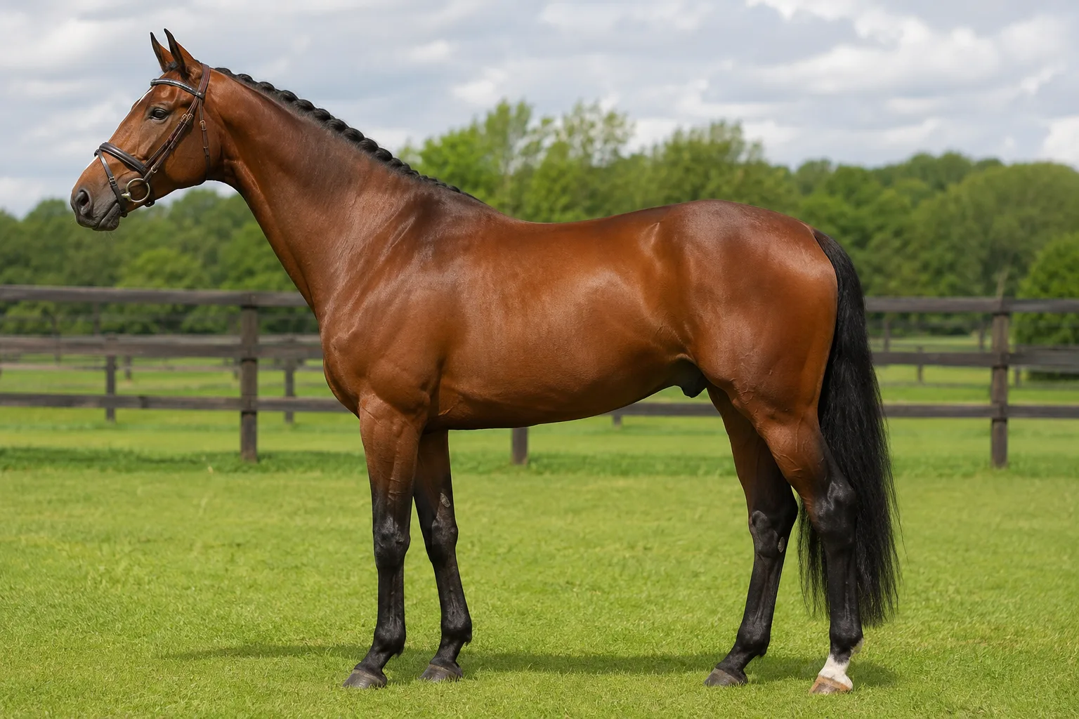Caballo Trakehner bayo, elegante y atlético, de pie de perfil en un prado verde.