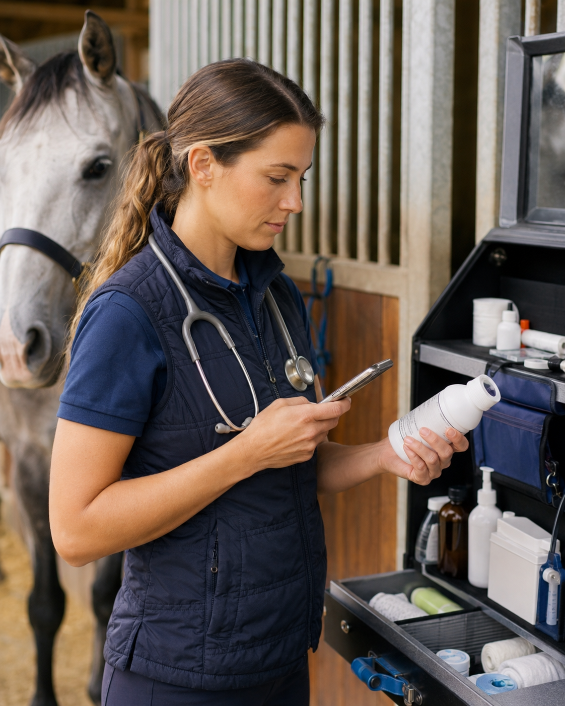 Soins cheval et composition des produits : application de soin équin, vérification de produit et surveillance de réaction cutanée. Vérification de sécurité et gestion des soins équins avec Equio.
