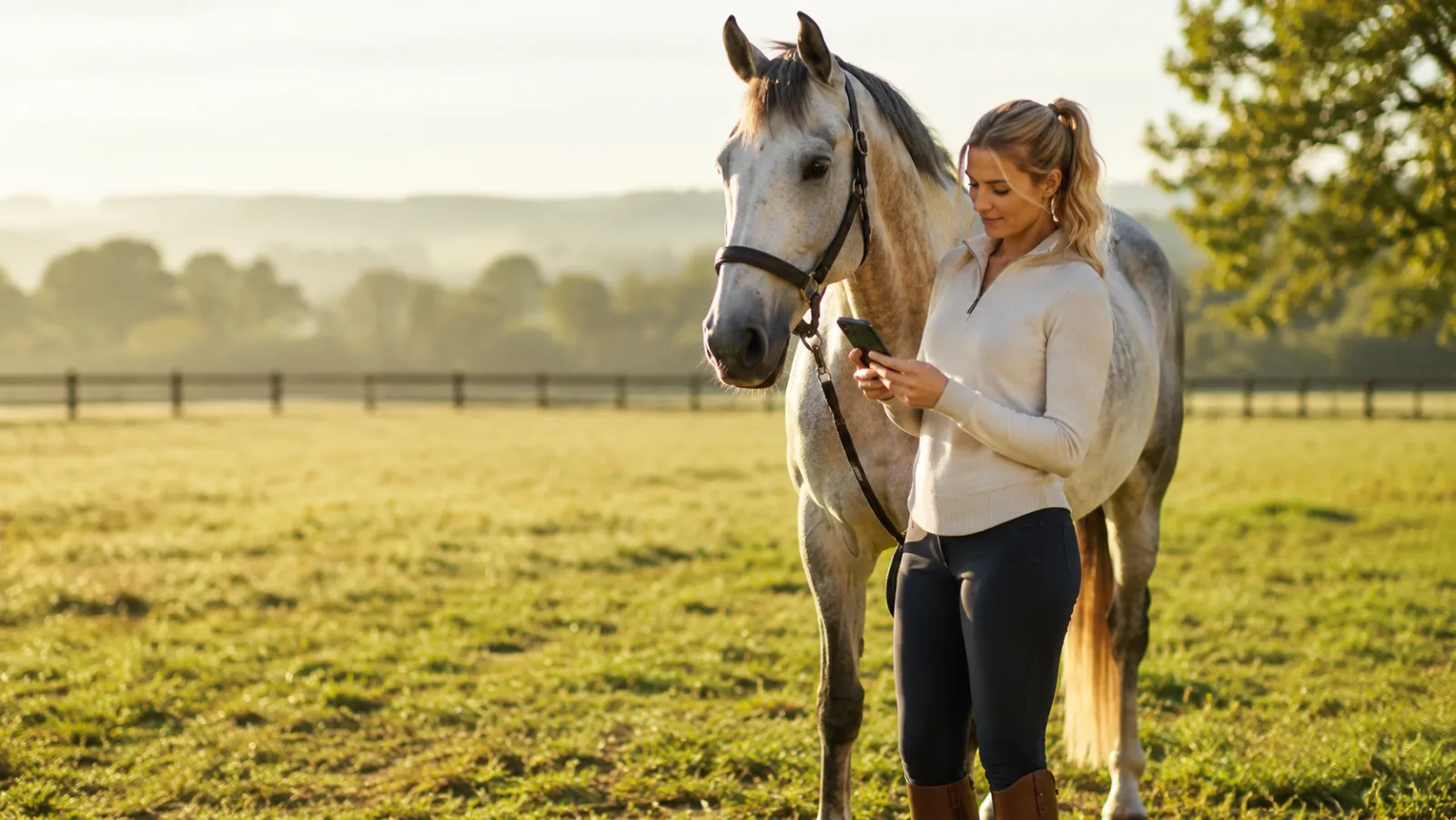 Cavalière au pré au lever du soleil, son téléphone à la main, à côté de son cheval gris
